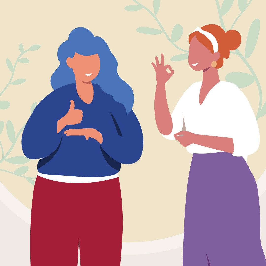 Two community members using ASL with greenery behind them.