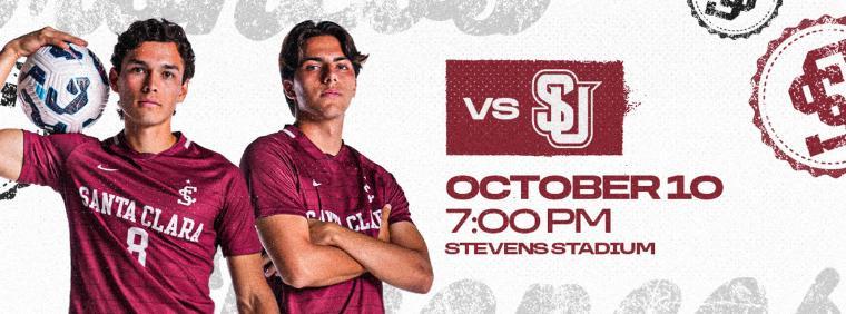 One SCU men's soccer player holds a soccer ball on his arm, the other with his arms folded. The graphic says 