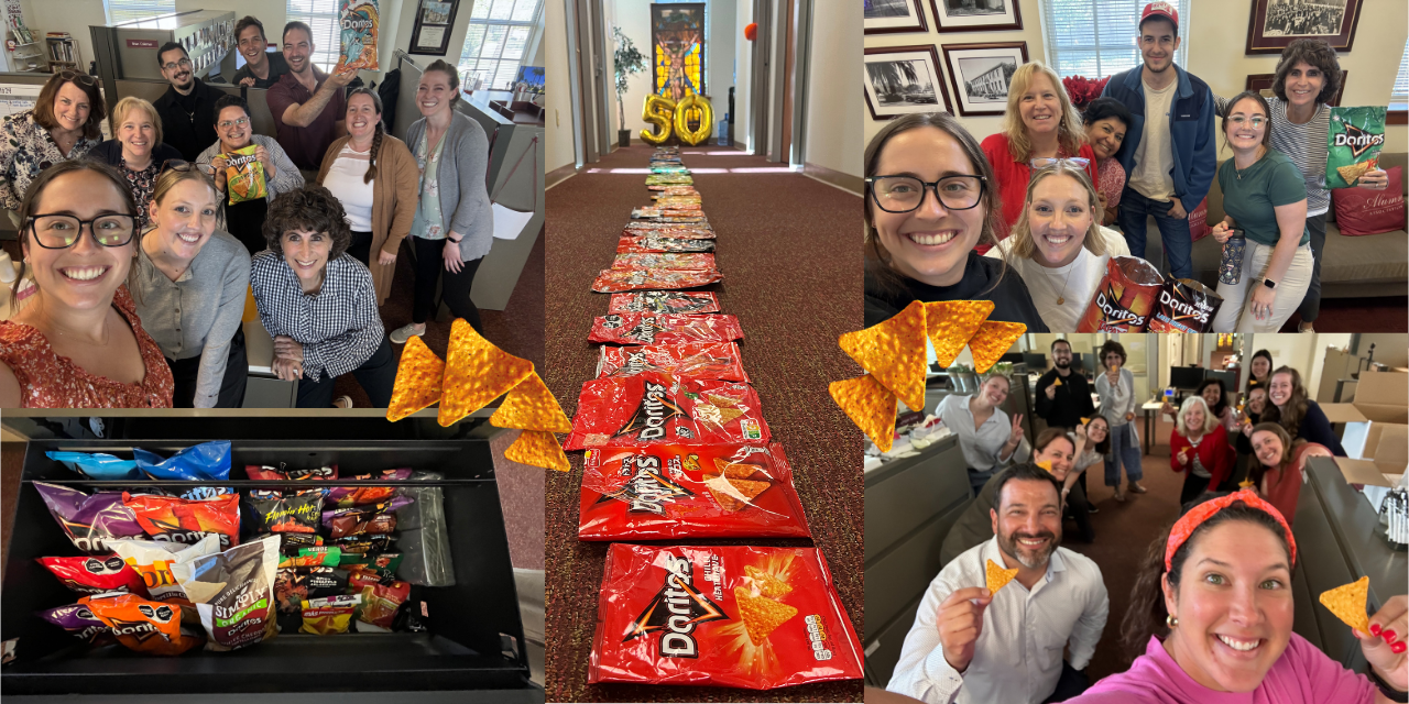 Photo collage of SCU's Alumni Association staff with various bags of Doritos. The large photo in the center is a row of flattened Doritos bags laid out in a color gradient, starting with red, that ends at two gold foil balloons that make up the number '50'.