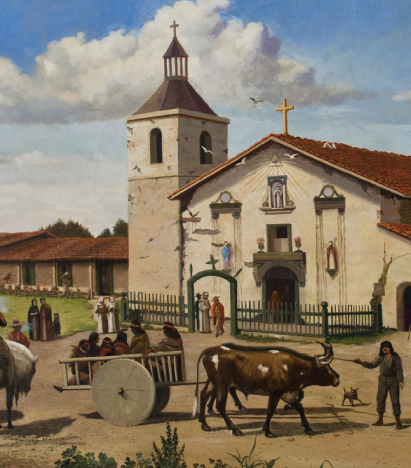 A painting of Mission Santa Clara c. 1849. The foreground includes several men on horseback and an ox-drawn cart.