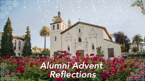 Mission Santa Clara de Asís, with red roses in front. White text in the bottom center of the image reads