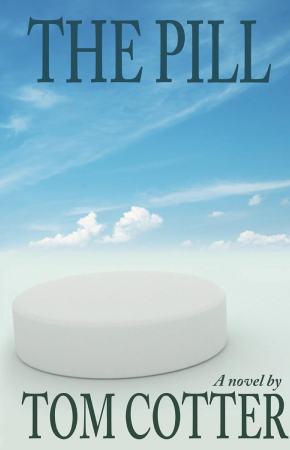 The top half of the image is a blue sky with streaks of white clouds. The bottom half is white, with an oblong white pill. Overlaid text reads 