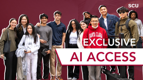 A group of smiling SCU students. Large text to the center right reads