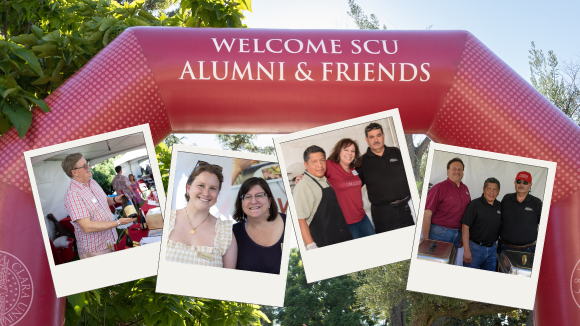 Four photos from Vintage Santa Clara of alumni vendors in polaroid style frames. Behind the polaroid images is a picture of a large red blow-up arch reading