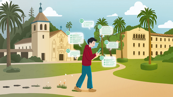 A cartoon image of a person in a red hoodie and jeans walking on the Santa Clara University campus. The person is holding a phone and is surrounded by six notification-style speech bubbles of varying sizes.