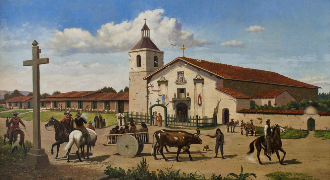 A painting of Mission Santa Clara c. 1849. The foreground includes several men on horseback and an ox-drawn cart. 