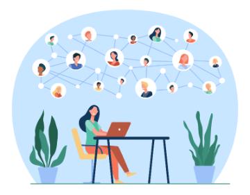 Illustration of a person on a laptop interacting with multiple online profiles.