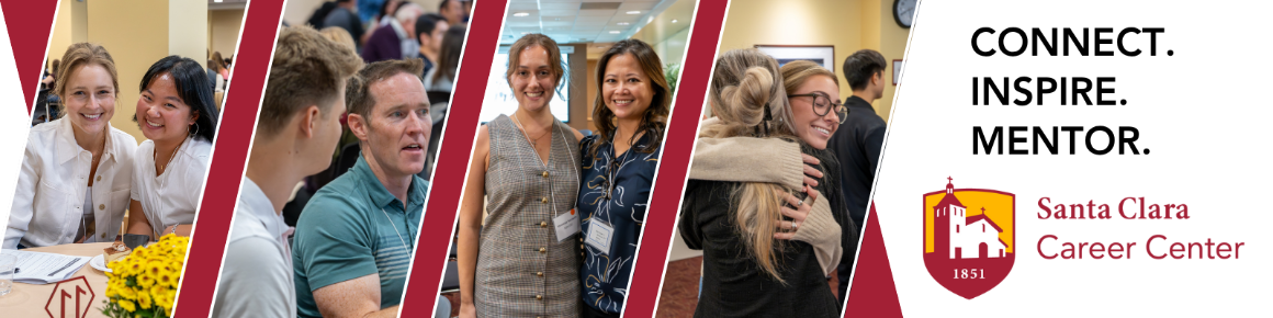 Banner depicting mentors and mentees in the 2024-2025 program. Text reads: Connect. Inspire. Mentor. Include Santa Clara Career Center logo and illustrated image of the Santa Clara Mission Church.