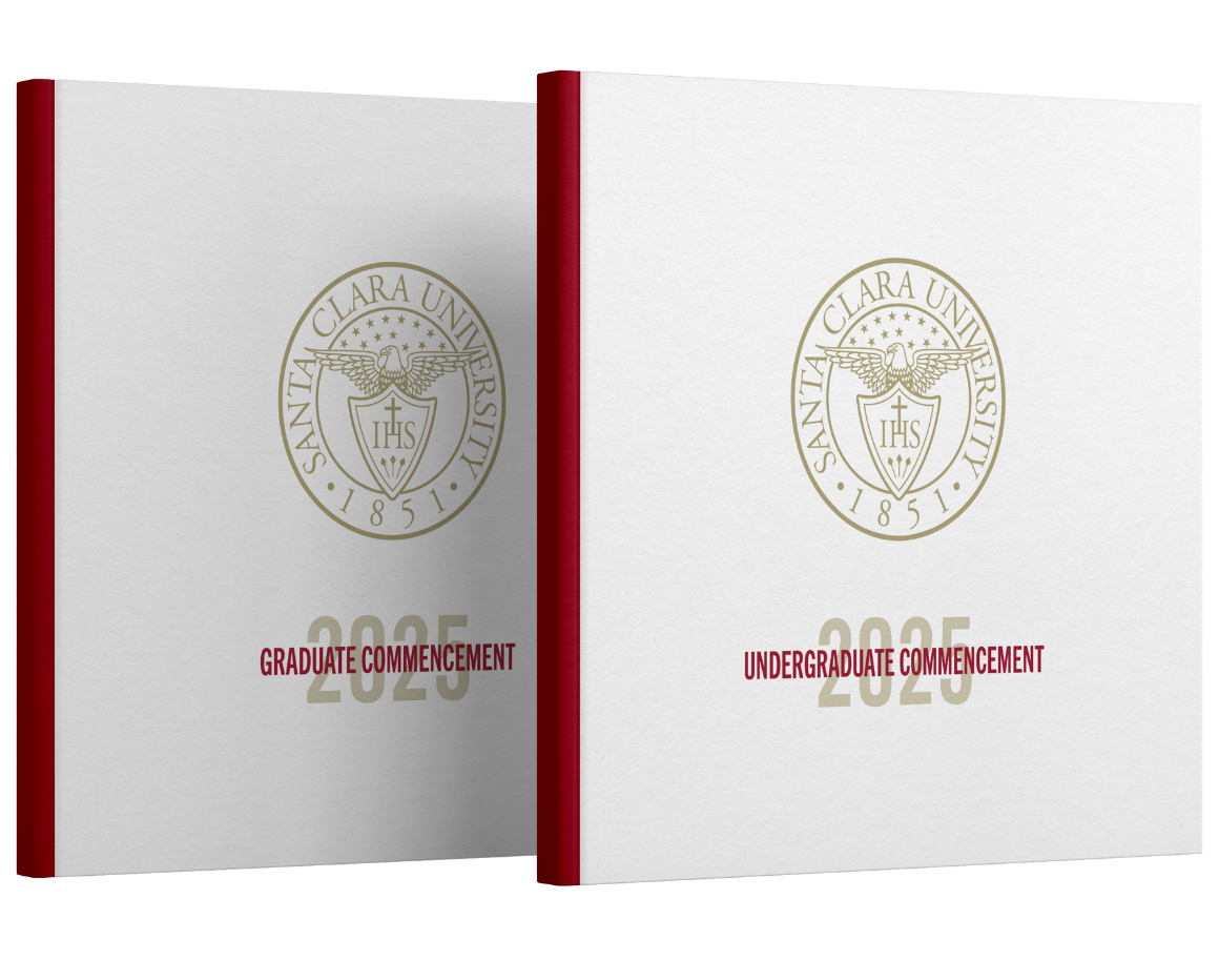 Two 2025 Santa Clara University commencement programs: one for undergraduates and one for graduates, each featuring the university seal