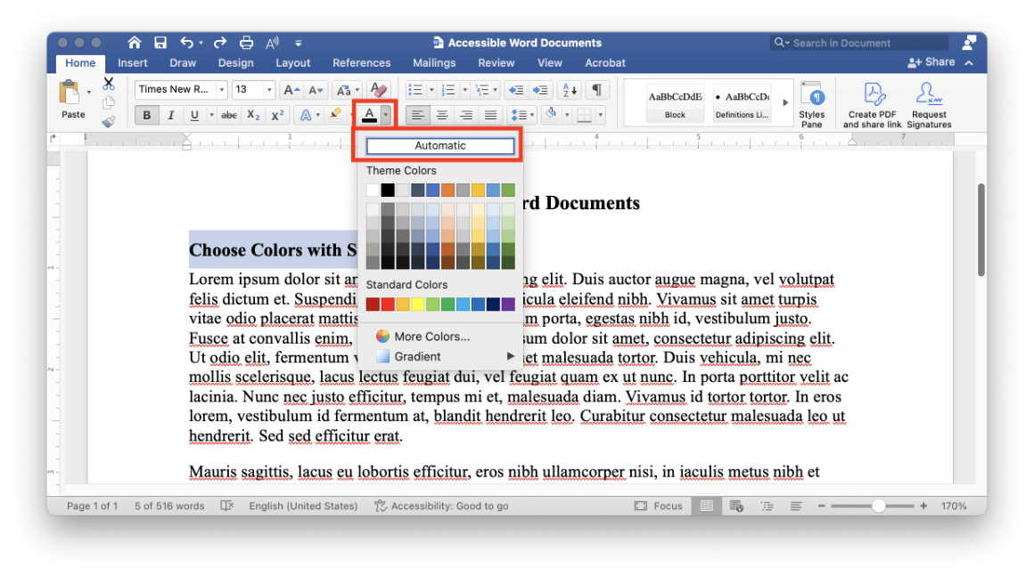 In the Home tab in Microsoft Word, the Font Color dropdown is expanded, and the Automatic option is selected.