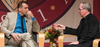 Mayor Sam Liccardo in discussion with Michael Engh, S.J., at a Town Hall at SCU sponsored by Silicon Valley Leadership Group.