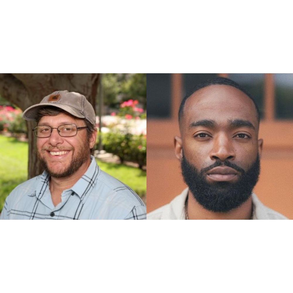 Two headshots, a white man with a beard and a hat, and a black man with a beard
