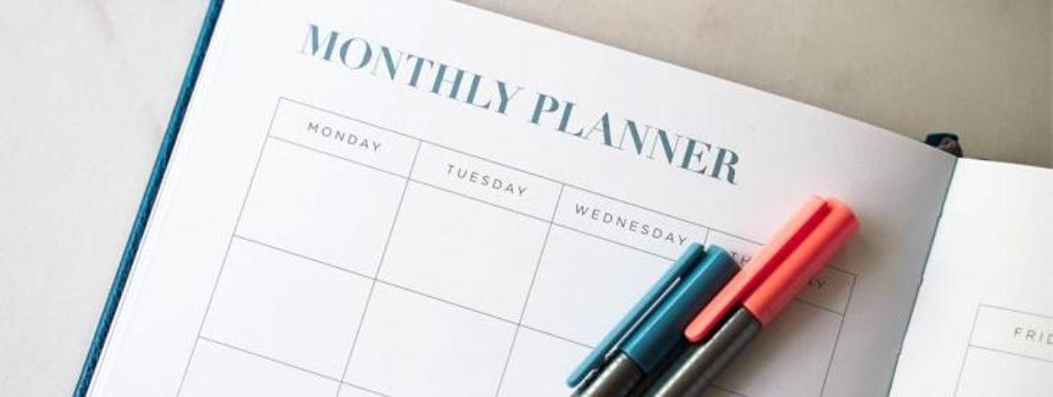 Open page of monthly planner with two pens on top