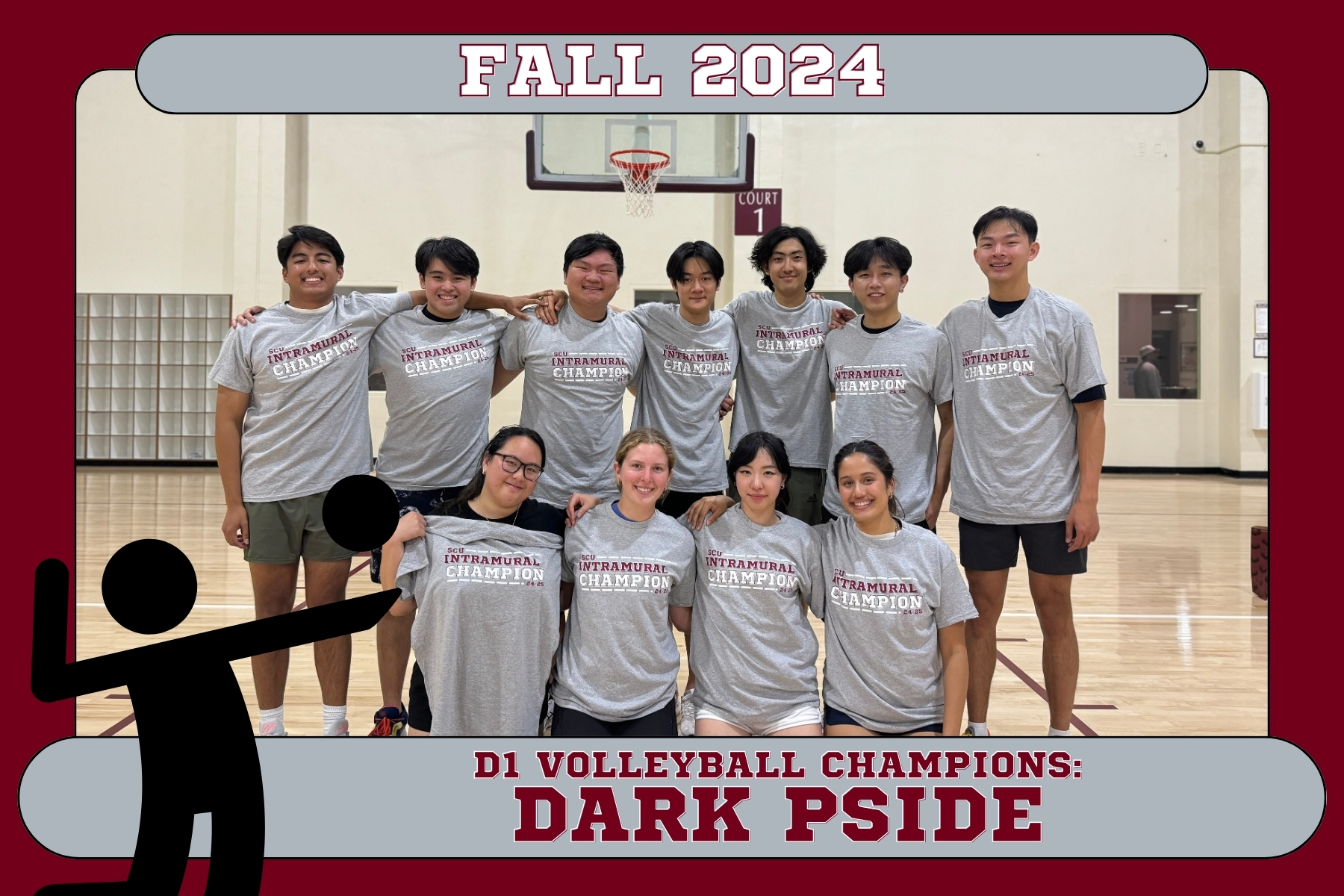 D1 Indoor Volleyball Champions, Dark Side, posing in Malley with their IM champion t shirts.