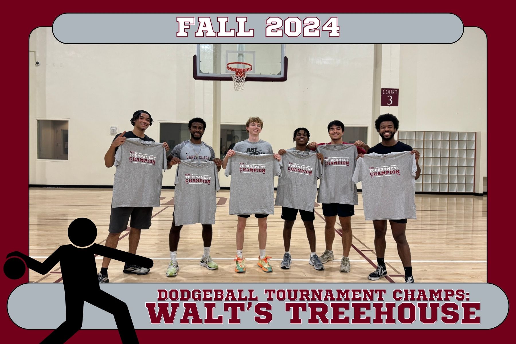 Photo of Fall 2024 Dodgeball Tournament champions, Walt's Treehouse, posing in the Malley Center courts with their IM tournament champion t-shirts.