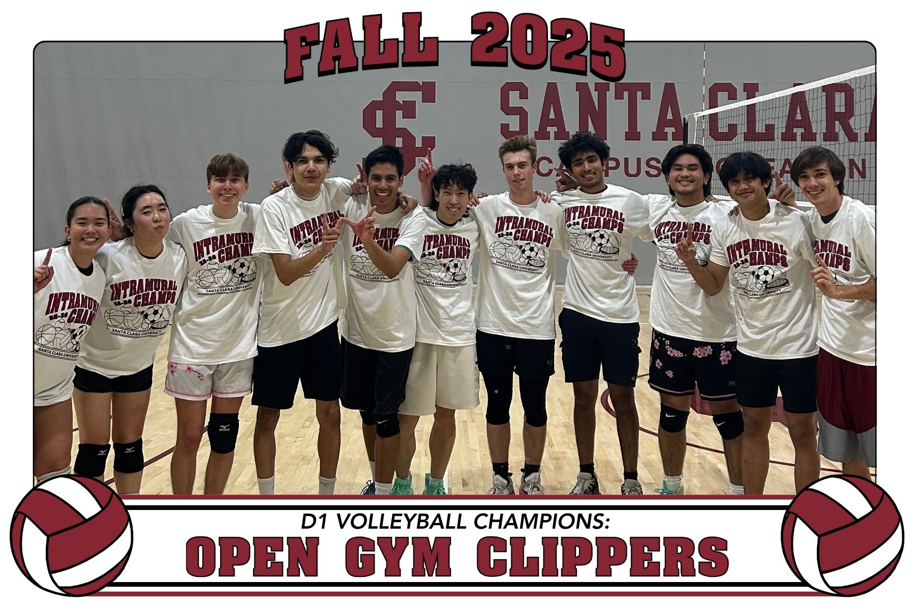 Photo of D1 IM Volleyball Champs, Open Gym Clippers, posing in the Malley Center courts with their intramural champion t-shirts.
