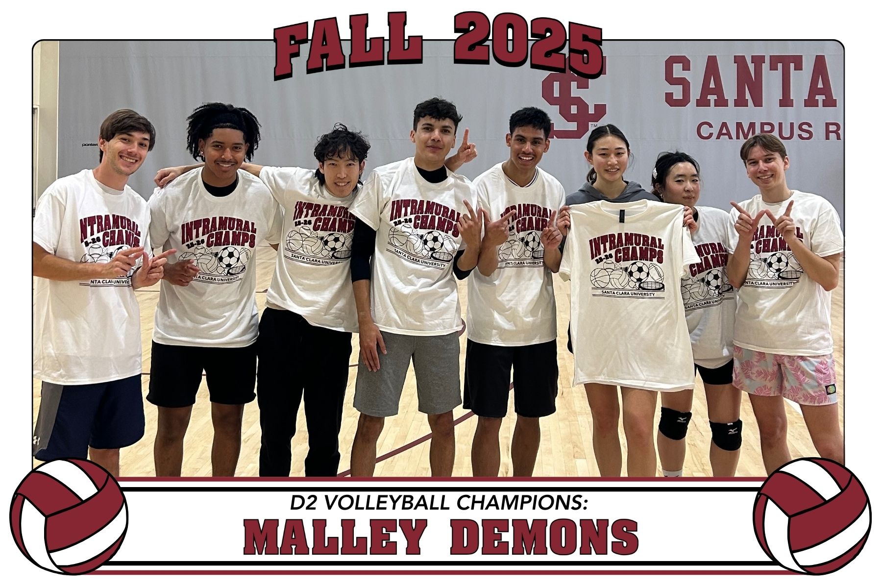 Photo of D2 Volleyball Champs, the Malley Demons, posing in the Malley Center with their Intramural Champ shirts.
