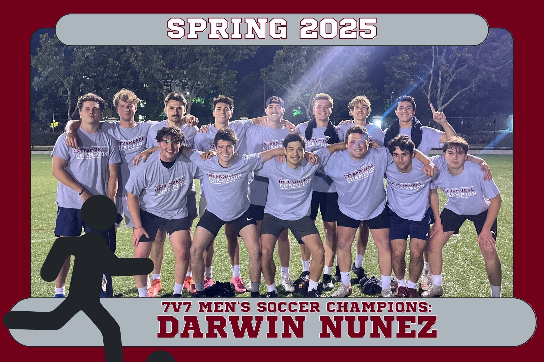 Photo of Men's Soccer champions, Darwin Nunez, posing on Bellomy Field with their IM Champion shirts.