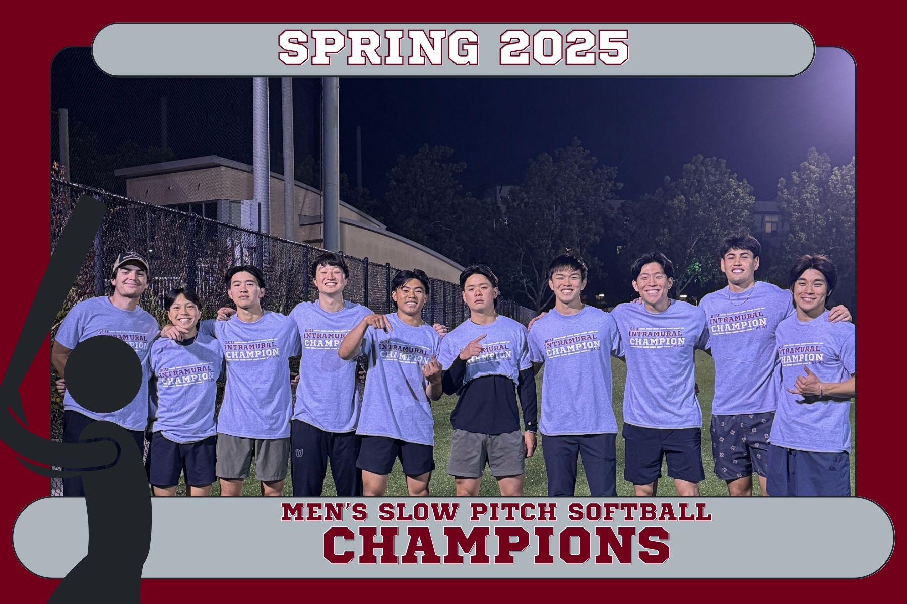 Photo of our Men's Softball League champions posing on Bellomy Field with their championship shirts.