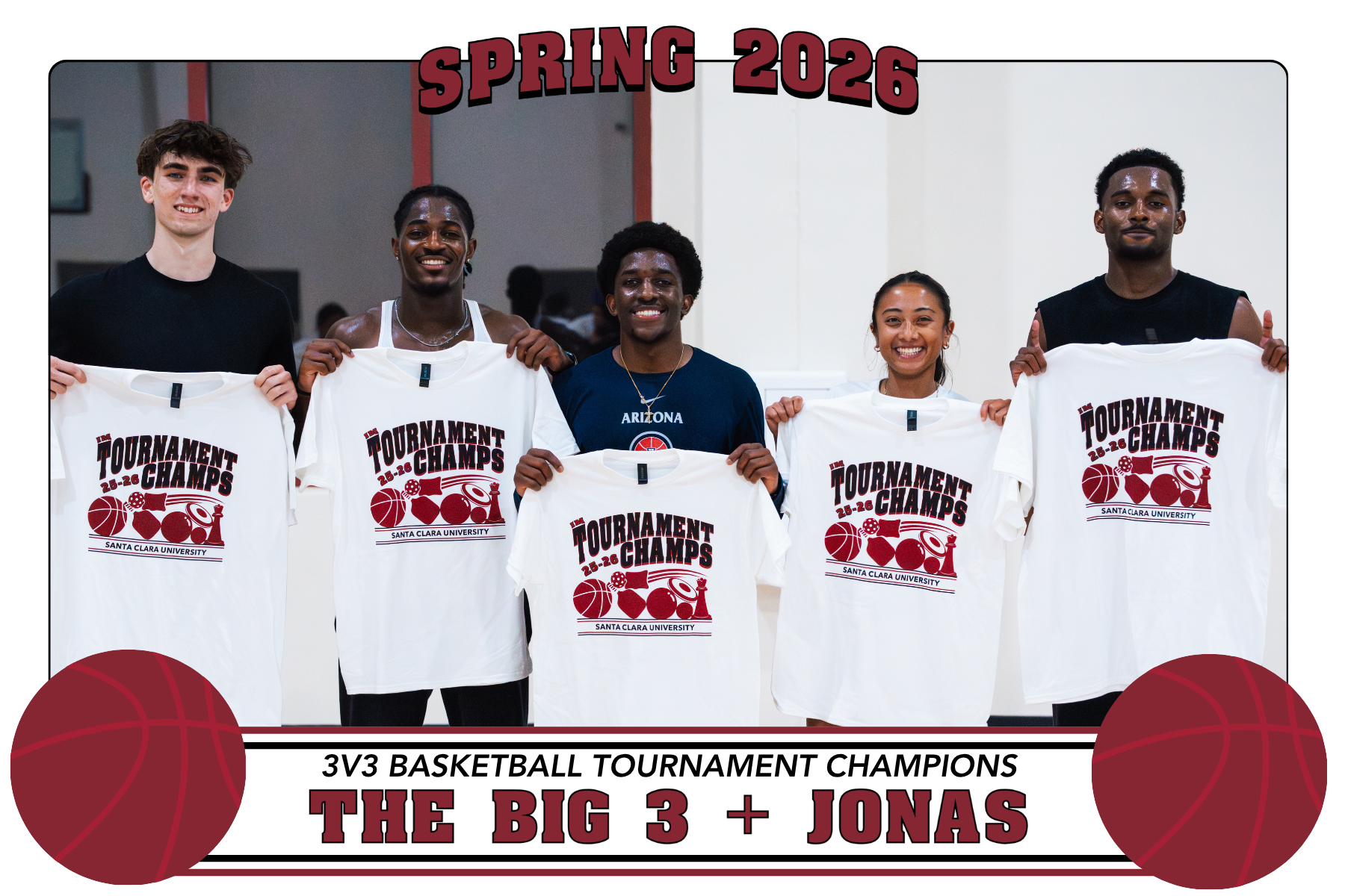 Picture of 3v3 basketball tournament champions, Big 3 + Jonas, posing in the Malley Center courts with their IM Tournament Champion t-shirts.