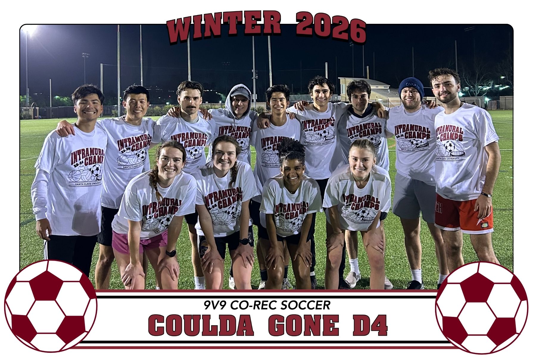 Photo of IM Soccer champs, Coulda gone D4, posing on Bellomy Field with their championship t-shirts.