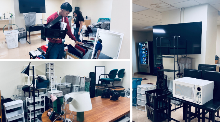 Photo collage showing room items such as organizers, microwaves, lamps, and mirrors, with students selecting items.