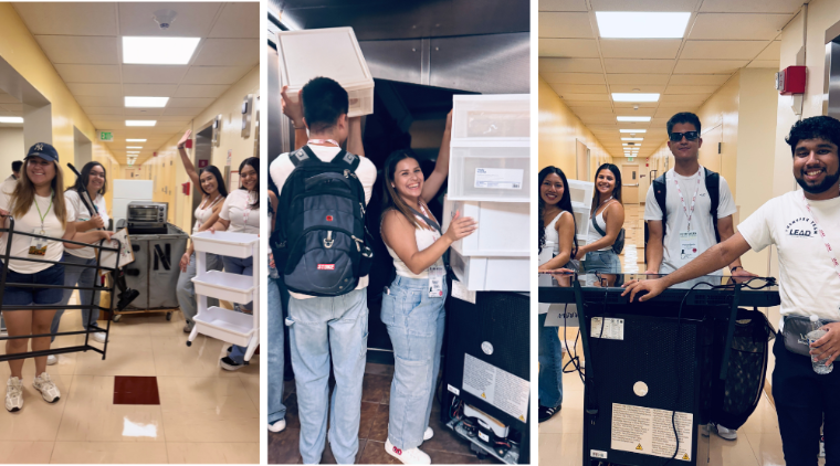 Photos of students selecting and moving items from Bronco surplus