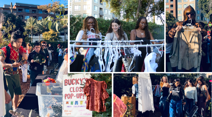 Collage of Harvest Fest 2025 with students trying on costumes at the Buckys Closet Costume Pop-IP