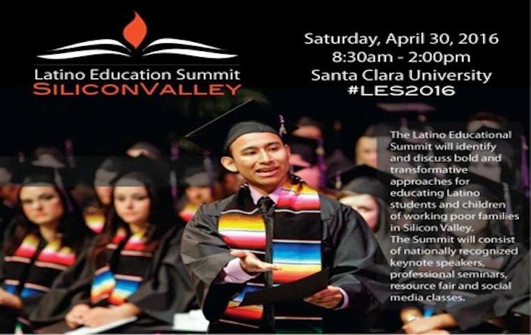 Latino Education Summit text, people attending event, date and venue details provided. image link to story