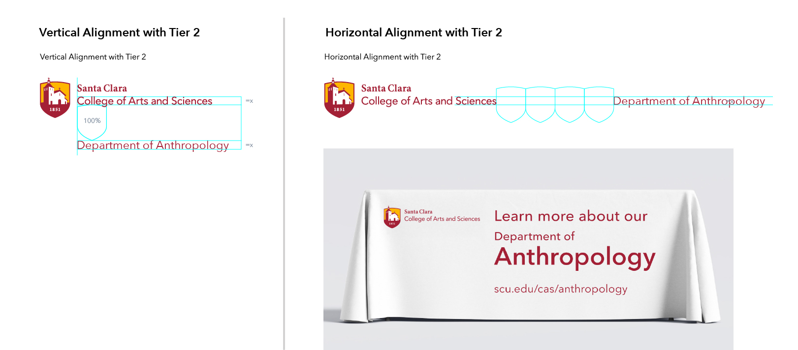 Examples of a Tier 3 Logo from Anthropology aligned with Tier 2 Logo of College of Arts and Sciences; with the vertical alignment on the left and horizontal alignment on the right. The bottom right is a mockup of tablecloth with the logo lockup