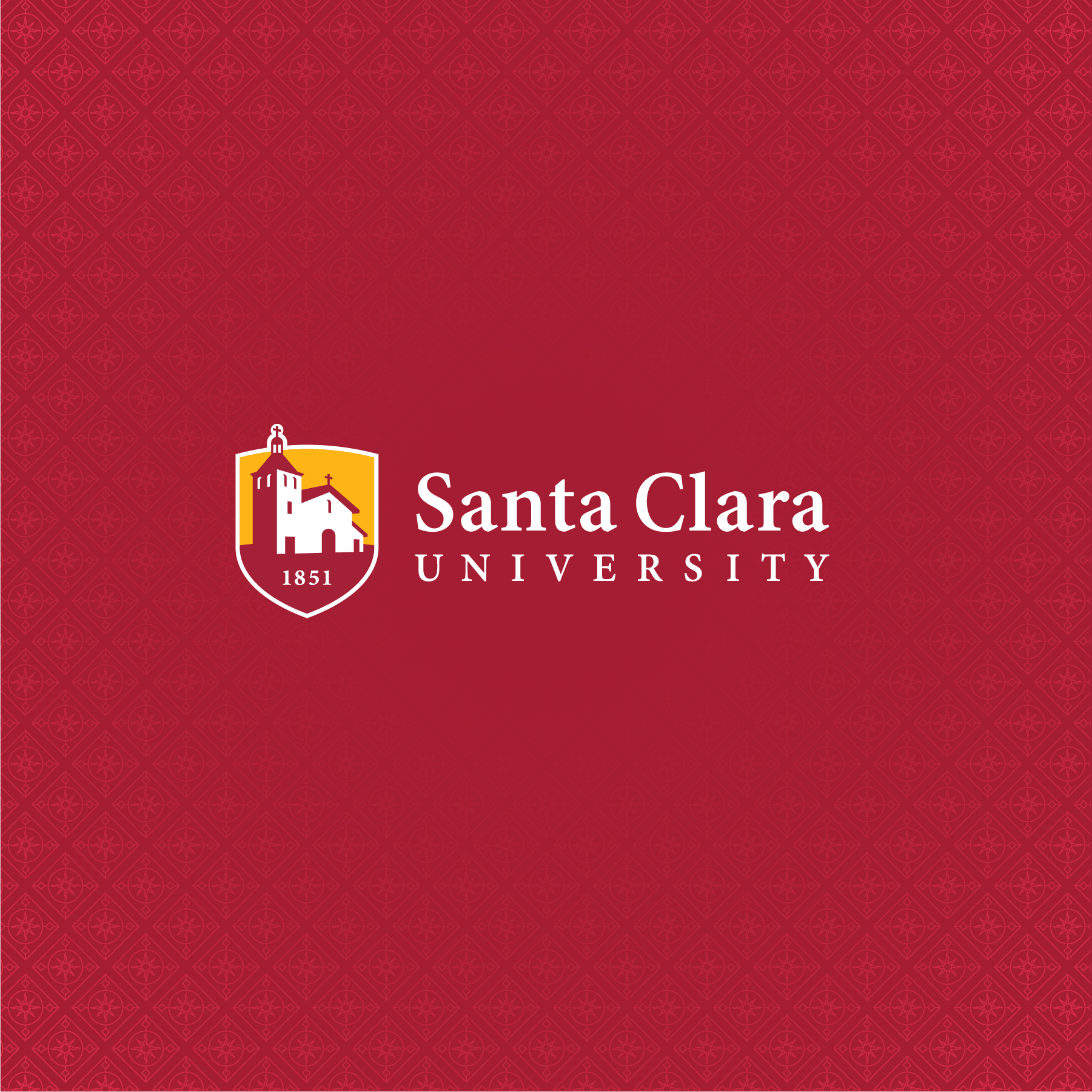 horizontal Santa Clara University logo on a red background with faded tile pattern