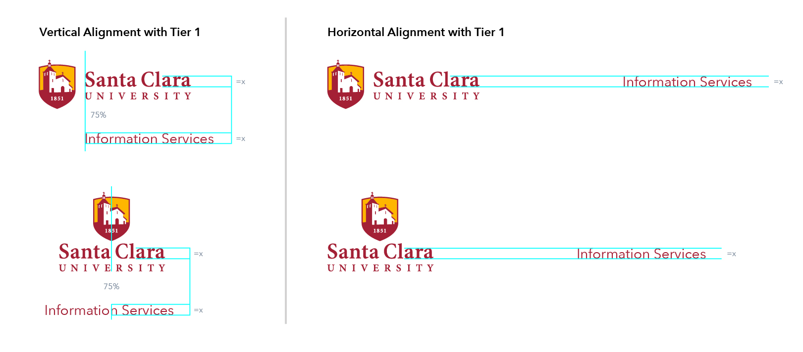 Two examples of a Tier 3 Logo from Information Services aligned with Tier 1 Logo; with the vertical alignment on the left and horizontal alignment on the right