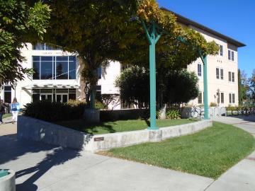 Soukup Memorial Garden with pergola, lawn, and adjacent building.