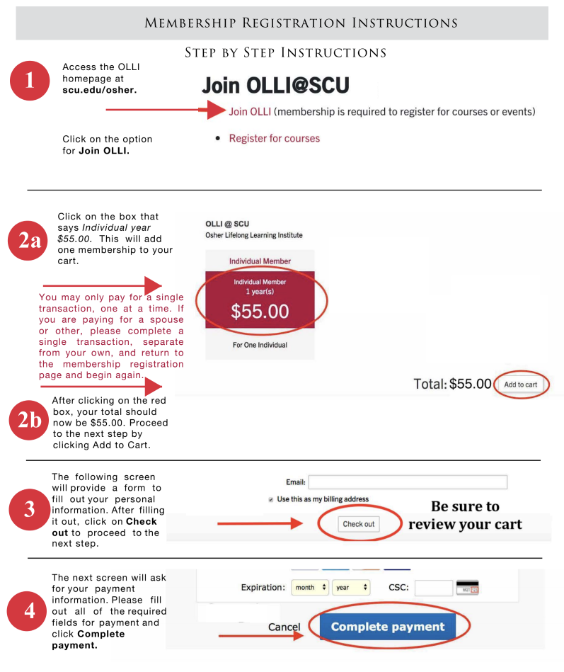 OLLI Membership Instructions: Steps to purchase, review, and pay for membership online.