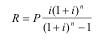 Mathematical formula: \( R = P \frac{i(1+i)^n}{(1+i)^n - 1} \).