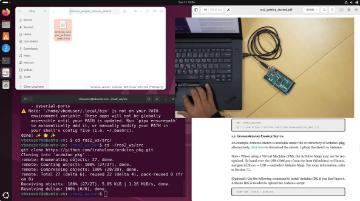 Screen capture with video overlay showing process of setting up an Arduino using ROS 2