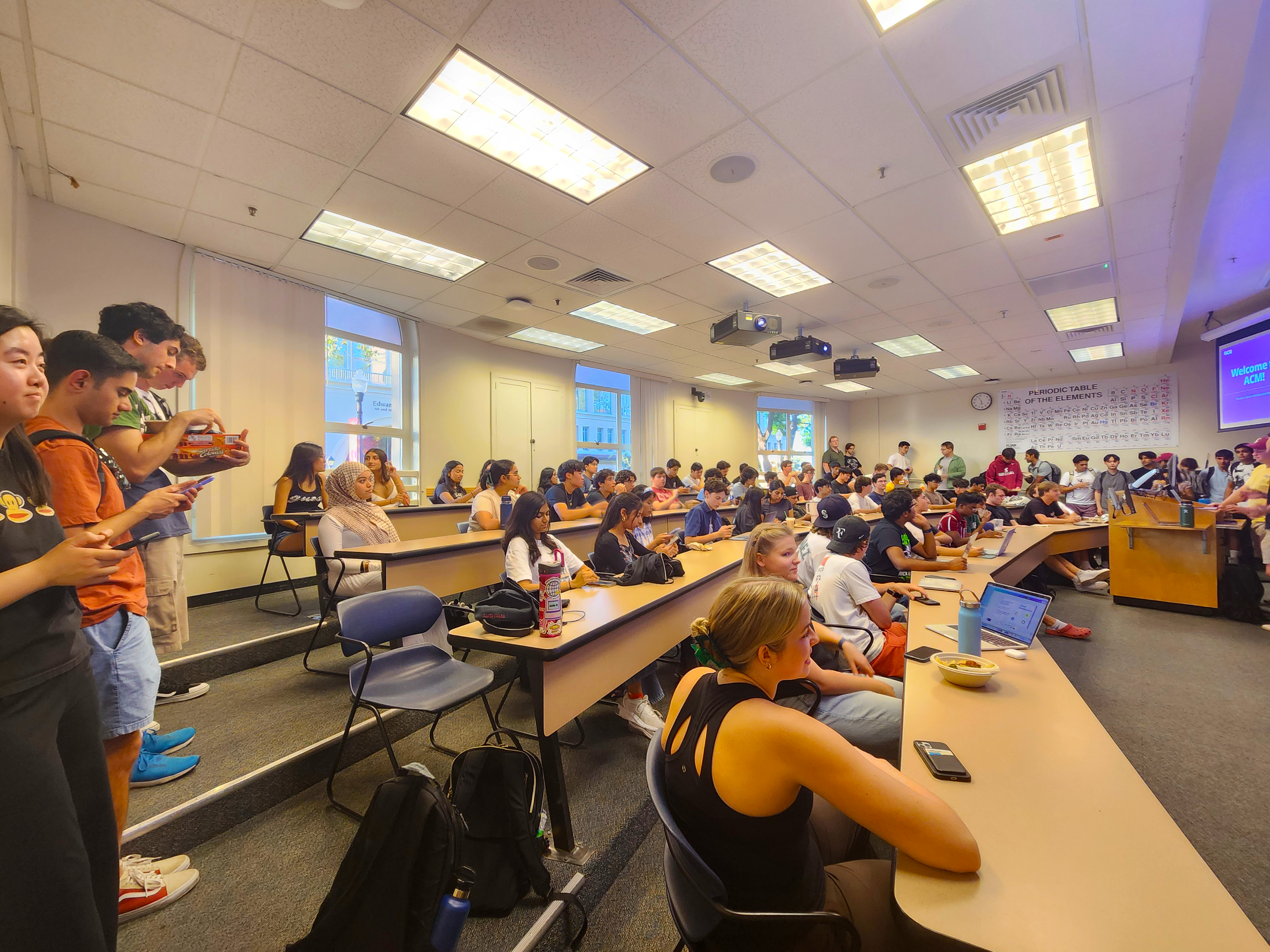 Students in a classroom sitting in rows. Participating in a workshop.