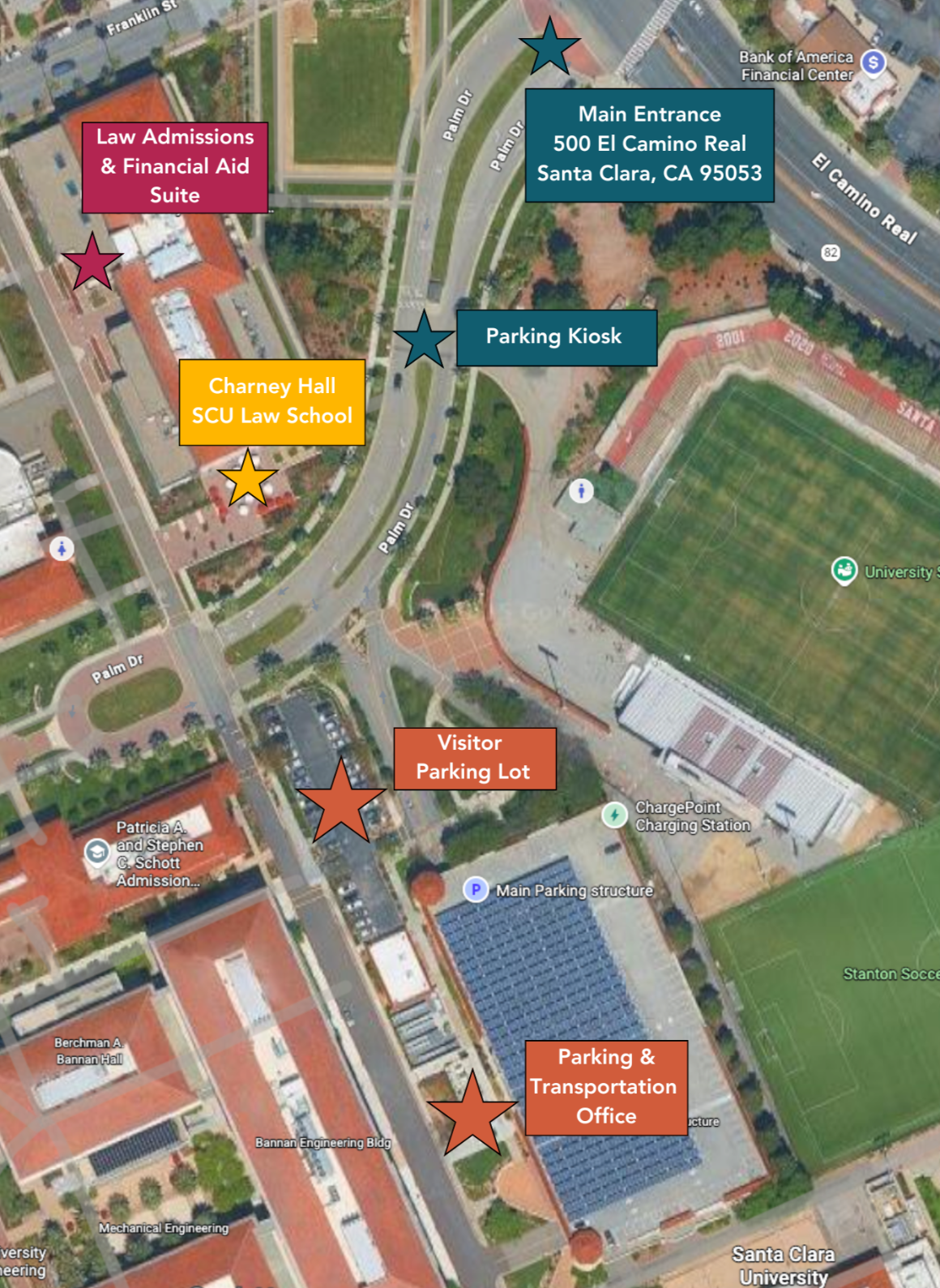 A map of the SCU campus with starred locations for guest visitors